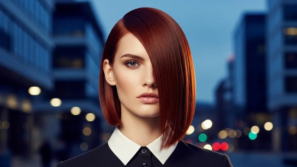 Asymmetrical bob haircut on a model in a modern urban setting