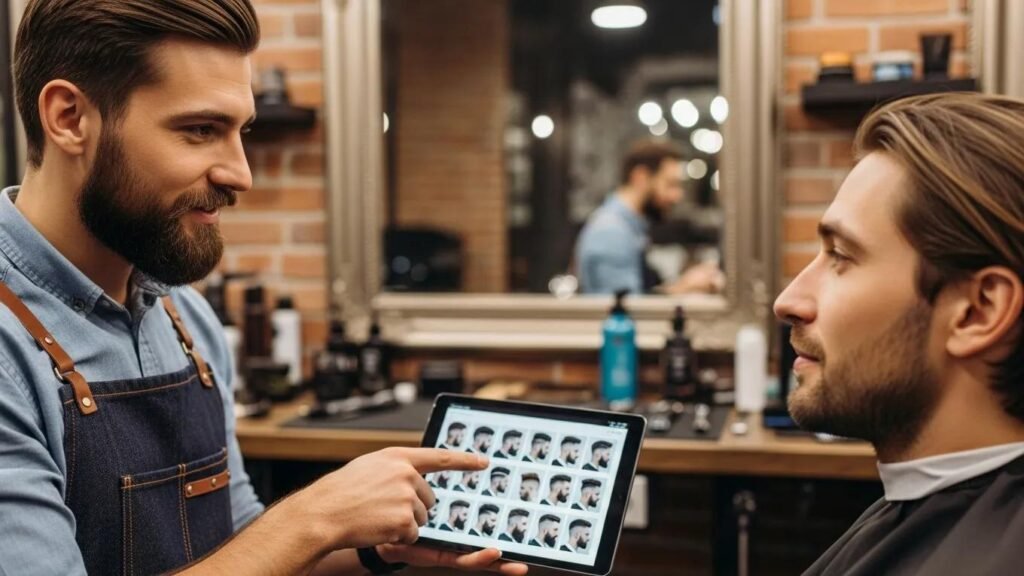 Barber consulting with a client about personalized haircut styles in a modern barbershop