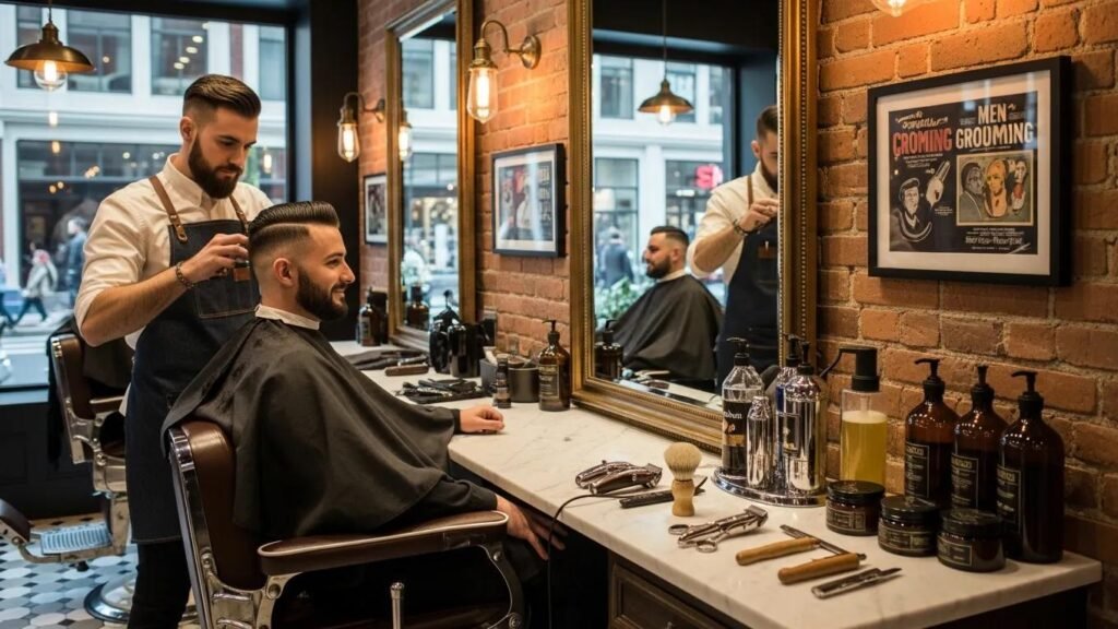 Barber cutting a man's hair in a stylish barber shop, emphasizing personalized grooming services