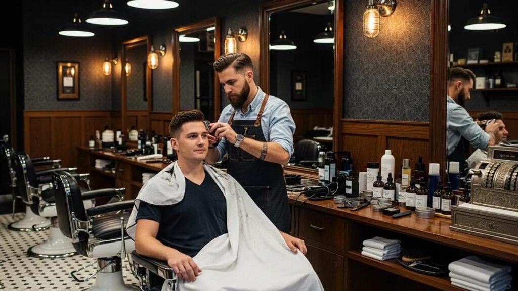 Barber cutting hair in a stylish barbershop, highlighting personalized grooming services