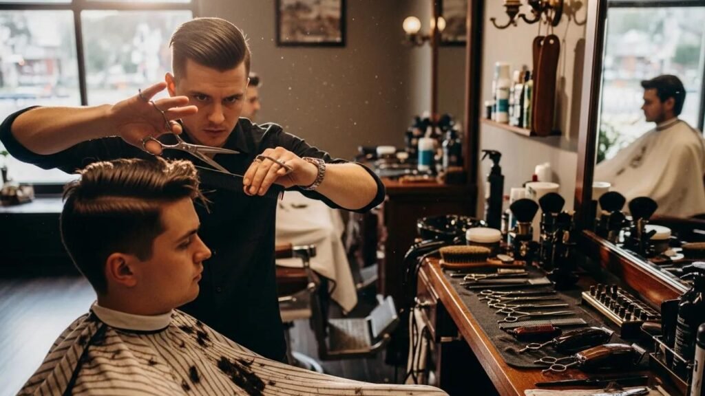Barber demonstrating scissor over comb technique, showcasing essential methods for replicating celebrity hairstyles