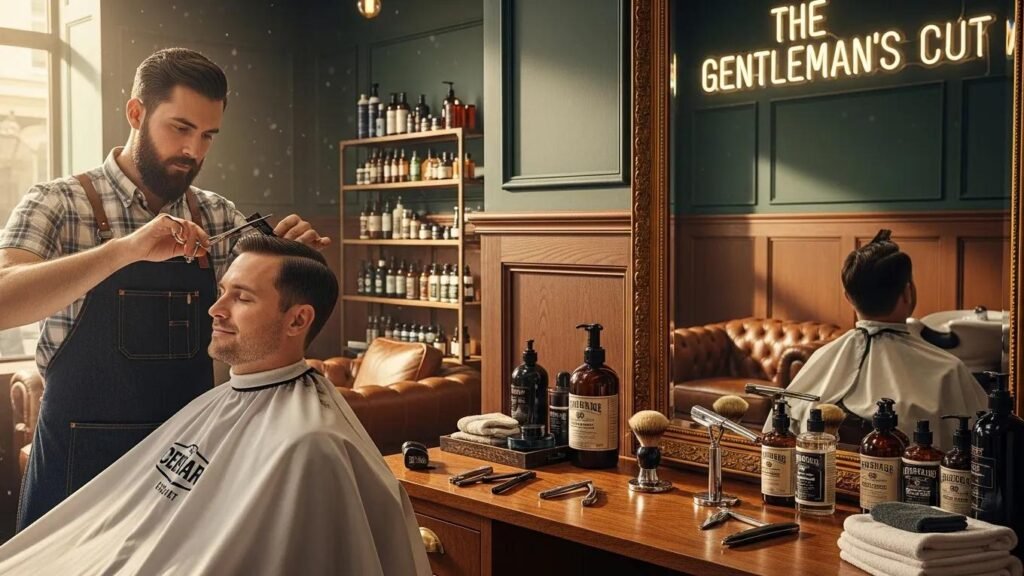 Barber giving a haircut in a stylish barbershop, emphasizing expert grooming and personalized service