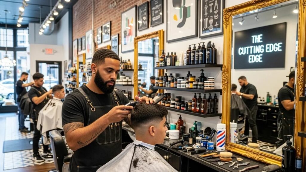 Barber giving a modern fade haircut in a stylish Washington DC barbershop