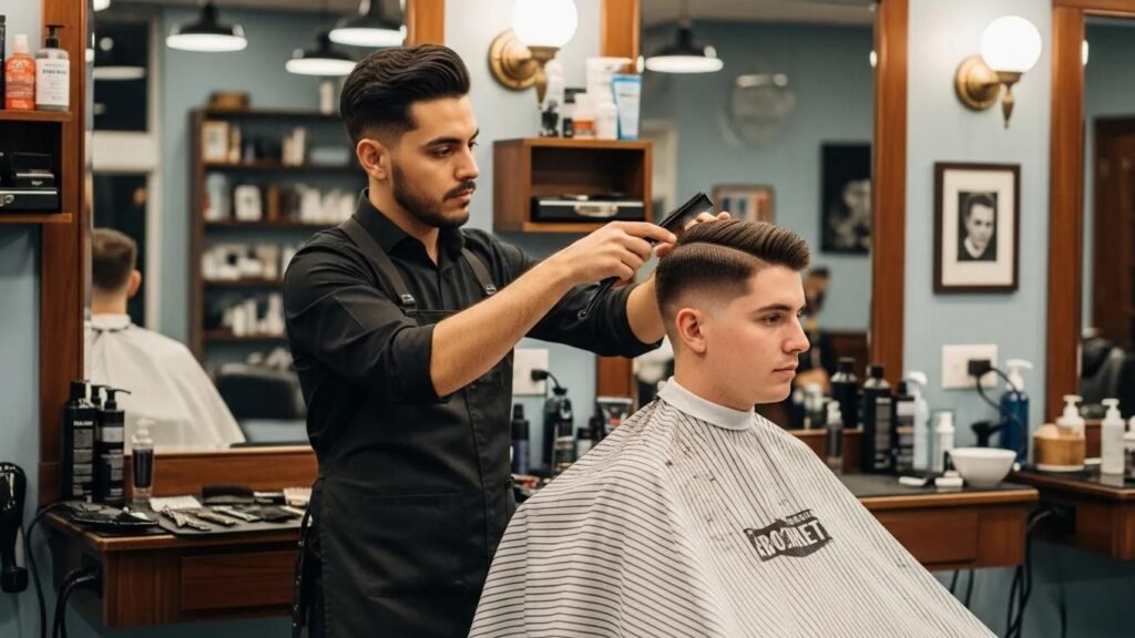 Barber giving a modern haircut in a stylish Washington D.C. barbershop