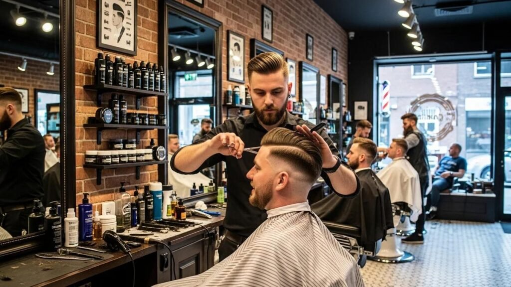 Barber giving a personalized haircut in a vibrant barbershop, emphasizing unique signature hairstyles