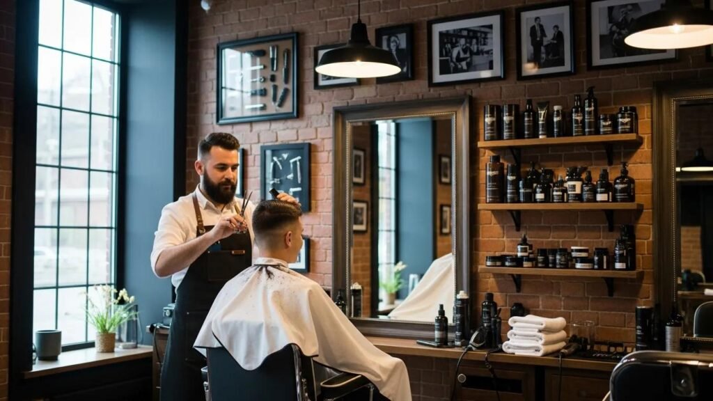 Barber giving a trendy haircut in a modern barbershop, showcasing the art of celebrity-inspired styles