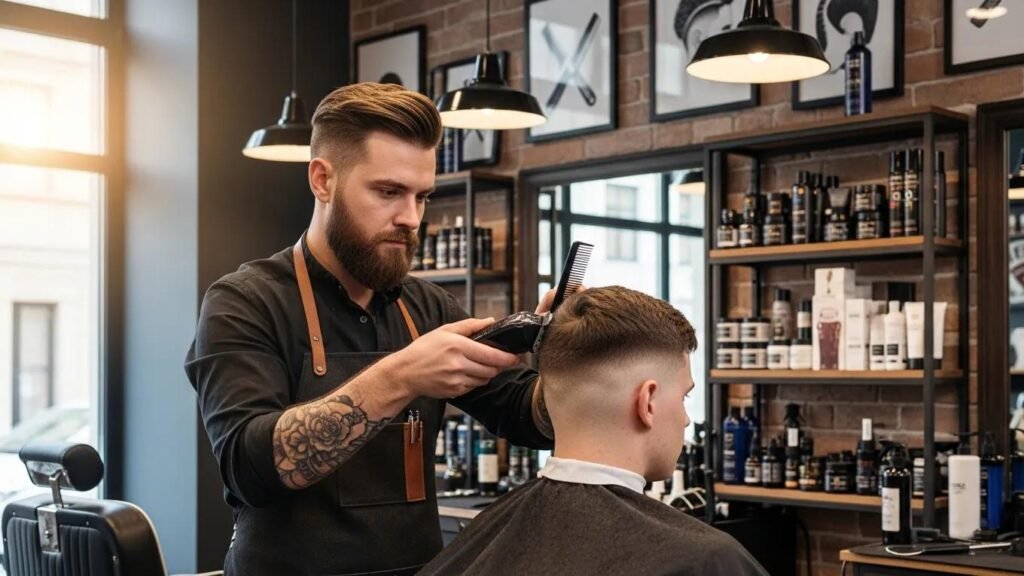 Barber giving a trendy short haircut to a young man in a stylish barbershop
