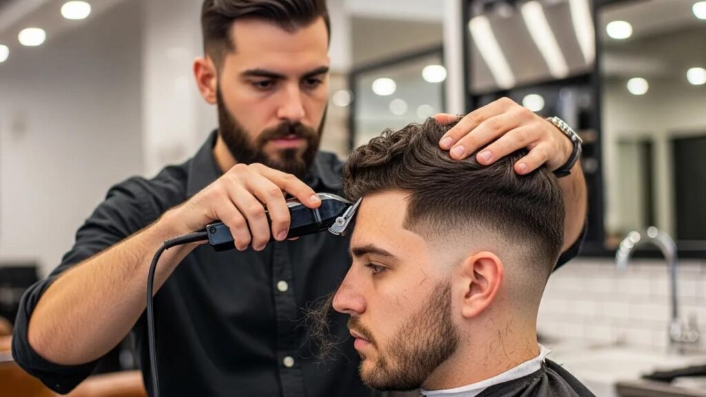 Barber performing a fade haircut on a man with curly hair, showcasing fade techniques