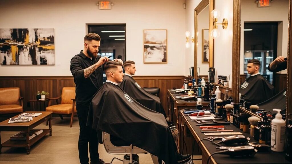 Barber shop interior with a barber cutting a client's hair, showcasing modern grooming styles