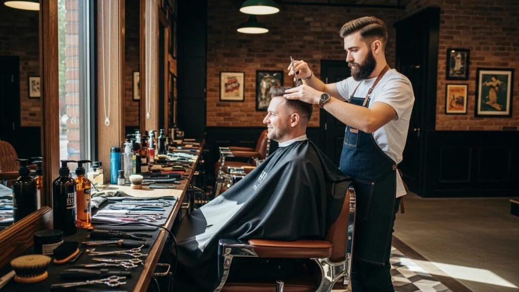 Barbershop interior with a barber cutting a man's hair, showcasing modern grooming services