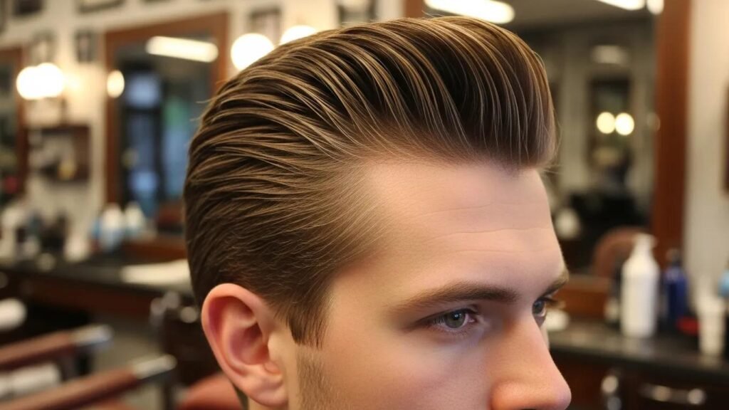 Close-up of a man with a classic pompadour haircut in a barbershop