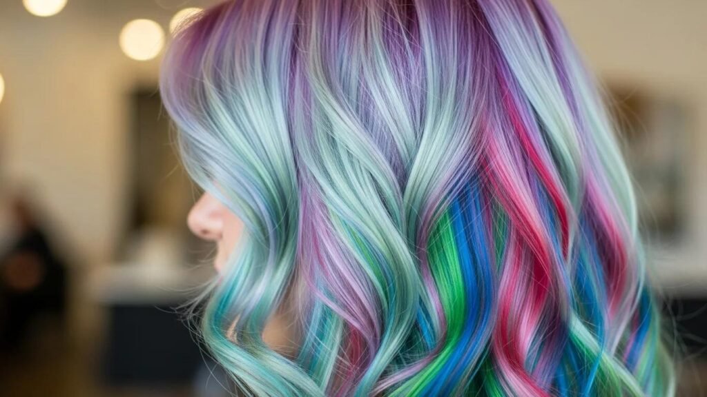 Close-up of styled hair with pastel and jewel tones showcasing modern color trends