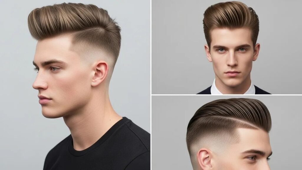 Collage of male models displaying trending celebrity hairstyles: fade, pompadour, and undercut