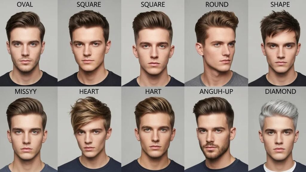 Collage of men's hairstyles for different face shapes, illustrating tailored haircut styles