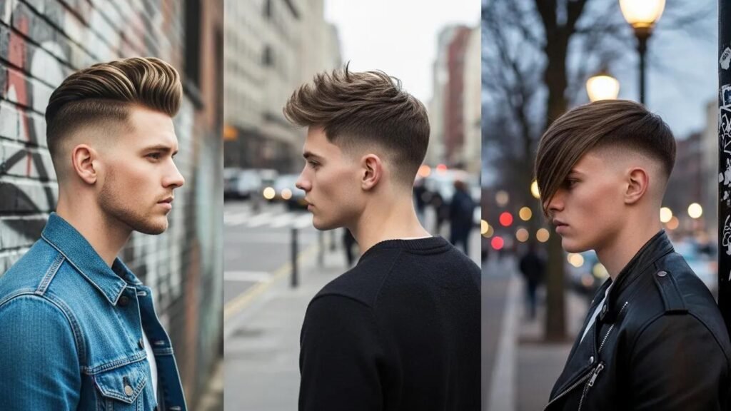 Collage of modern men's haircuts inspired by women's trends in an urban setting