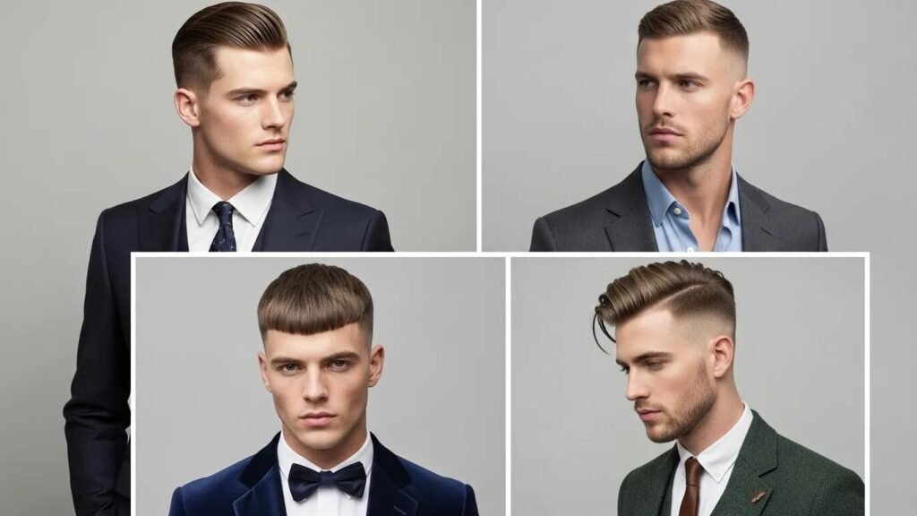 Collage of popular men's haircut styles for weddings and proms, showcasing various formal looks