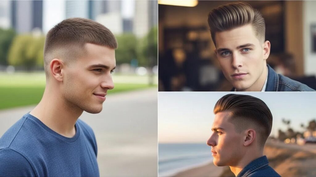 Collage of popular men's haircuts including crew cut, pompadour, and undercut, showcasing modern grooming trends