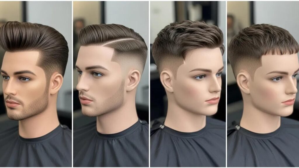 Collage of popular men's hairstyles for 2023, featuring iconic cuts like pompadour and fade