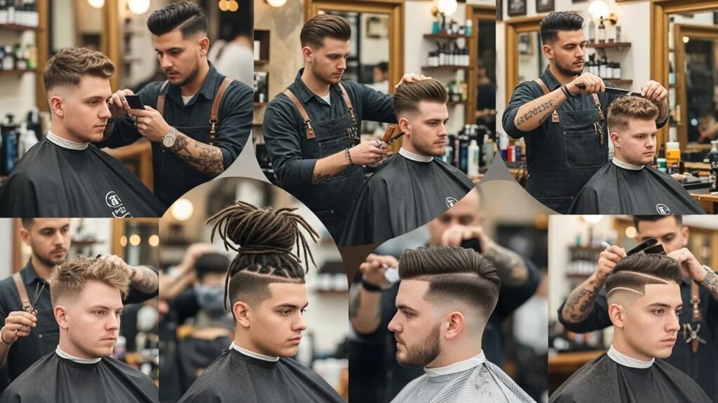 Collage of signature haircut styles on diverse male clients in a barbershop