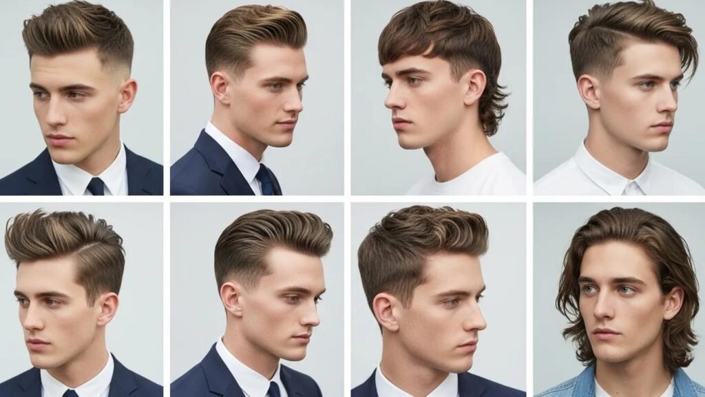 Collage of trending men's hairstyles for 2023, showcasing diverse styles and hair types