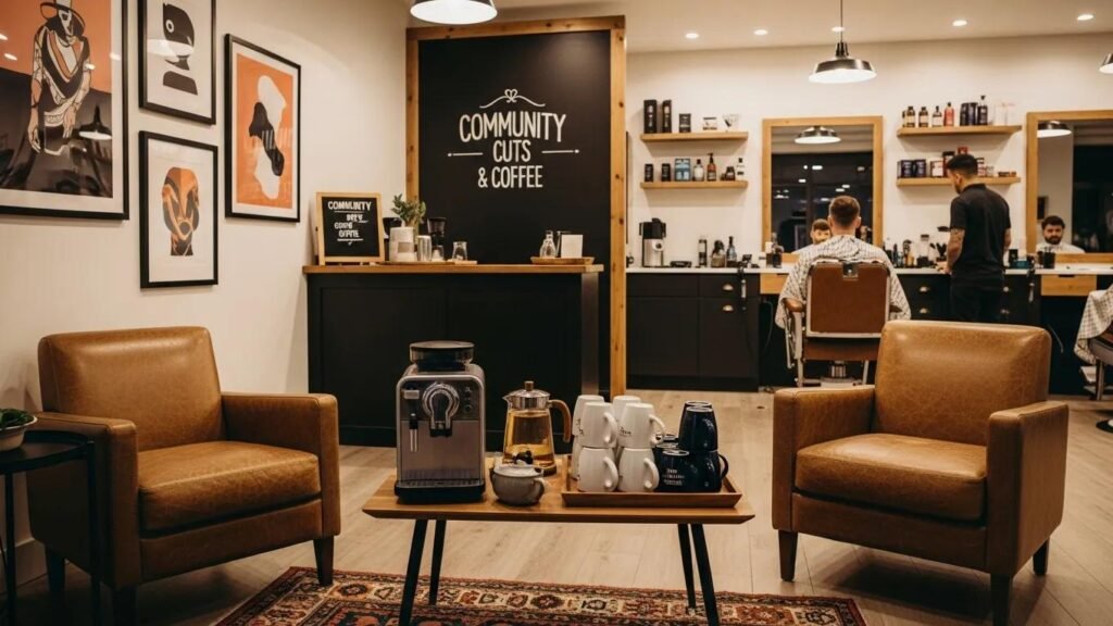 Cozy barbershop interior with complimentary beverages, showcasing a welcoming atmosphere for clients