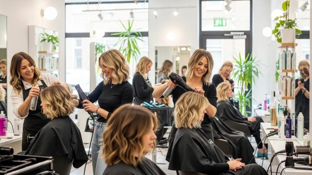 Diverse women showcasing trendy hairstyles in a modern salon environment