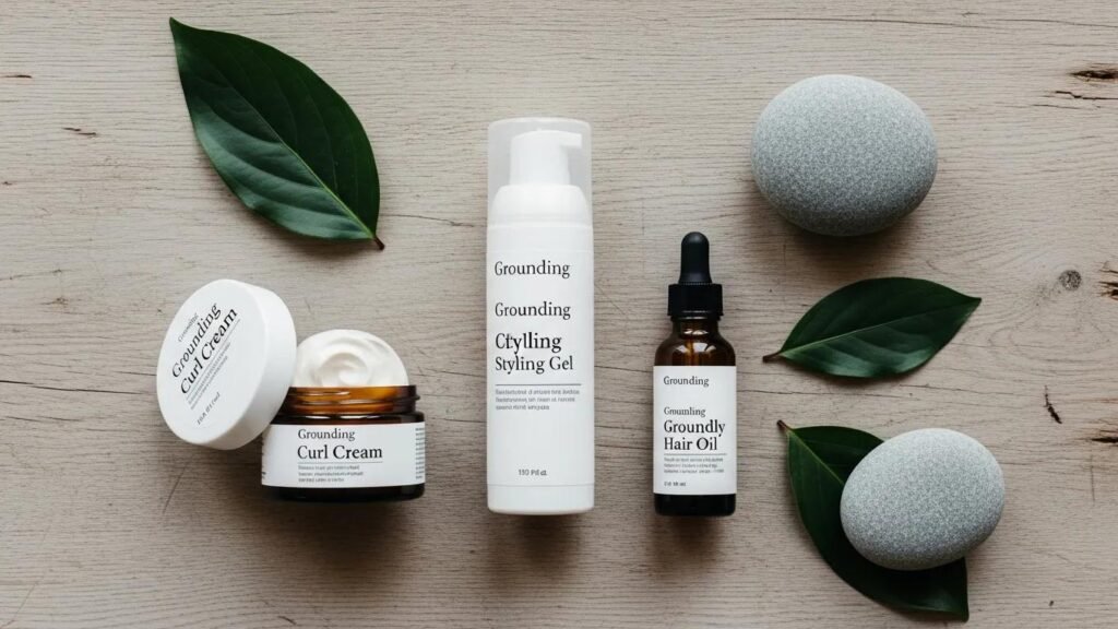 Essential grooming products for curly hair including curl cream, styling gel, and hair oil
