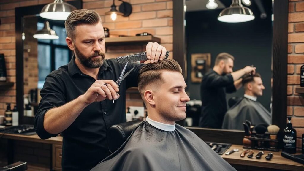 Expert barber crafting a custom hairstyle for a client in a modern barbershop setting