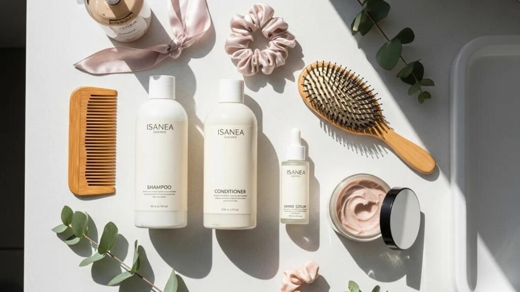 Flat lay of hair care products for daily and weekly routines