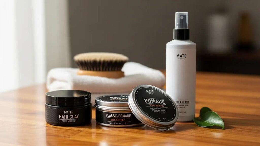 Grooming products including hair clay, pomade, and hair spray arranged on a countertop, emphasizing hair care essentials