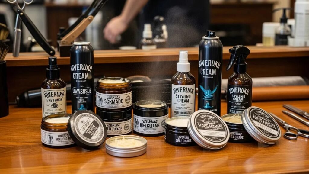 High-quality grooming products for men displayed in a barbershop setting