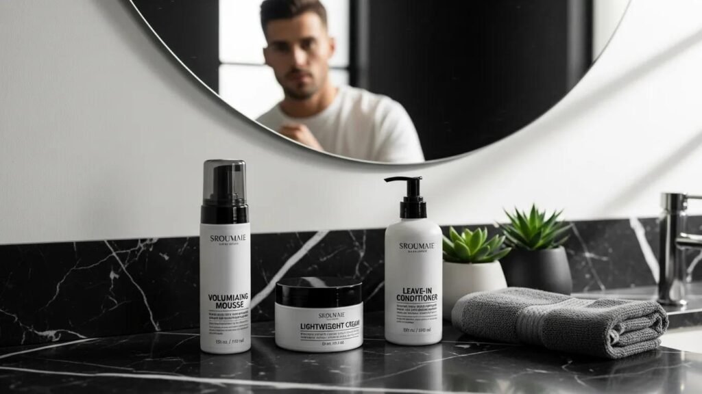 High-quality grooming products for men's long layered hair care on a stylish bathroom counter