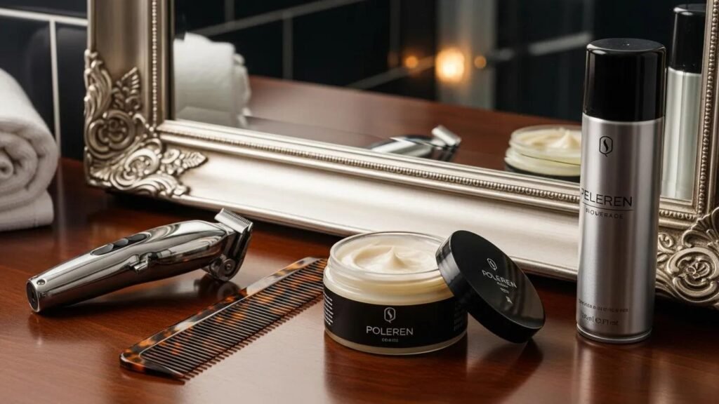 High-quality grooming products including pomade, hair clippers, and hair spray arranged on a stylish vanity