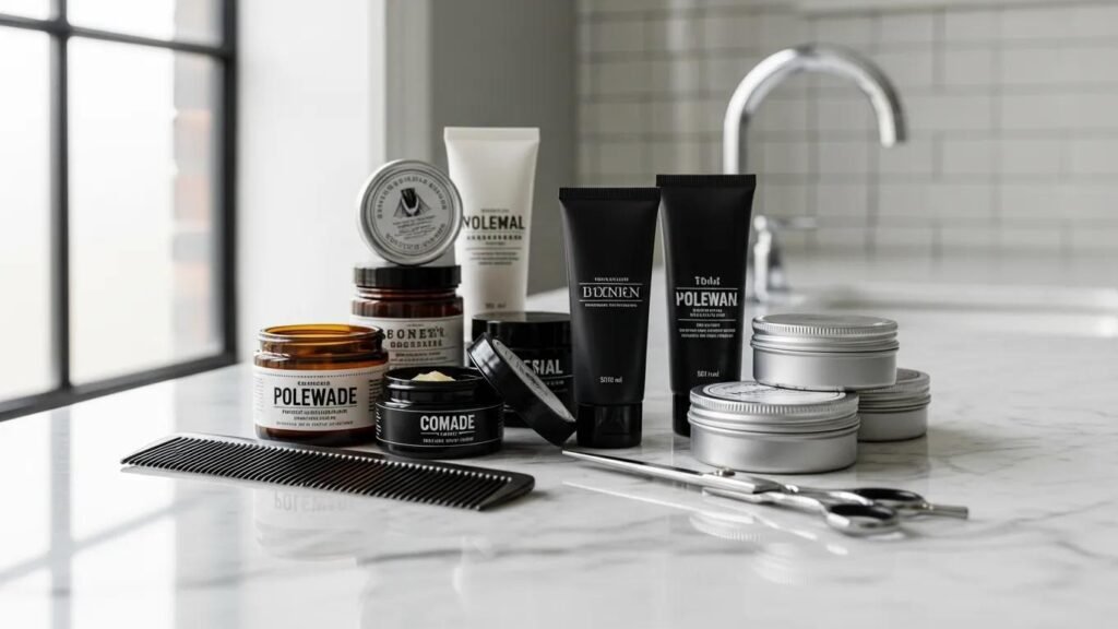 High-quality hair grooming products arranged on a bathroom counter for short hair maintenance