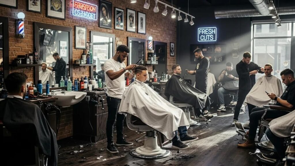 Men receiving stylish haircuts in a modern urban barbershop