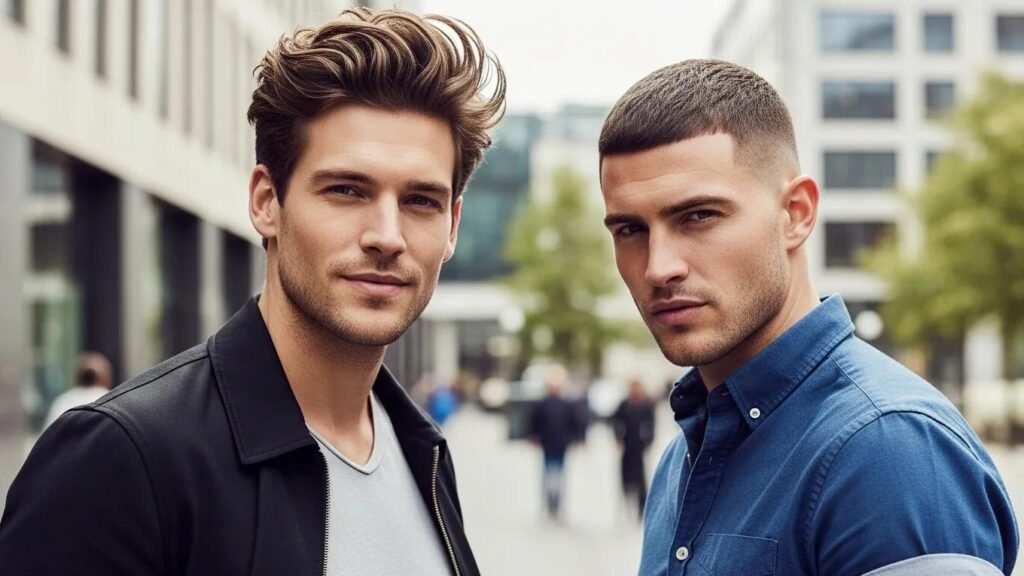 Men with textured and buzz cuts in an urban environment