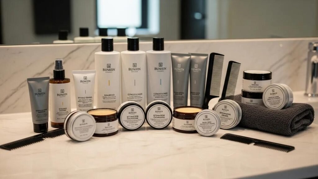 Men's haircare products arranged on a bathroom counter, emphasizing maintenance of customized haircuts