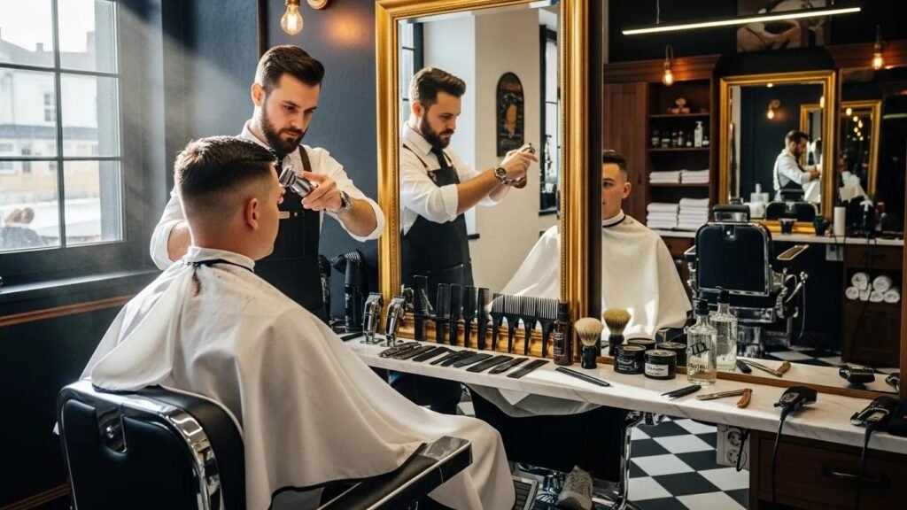 Men's haircut in a premium barbershop setting, highlighting modern grooming styles