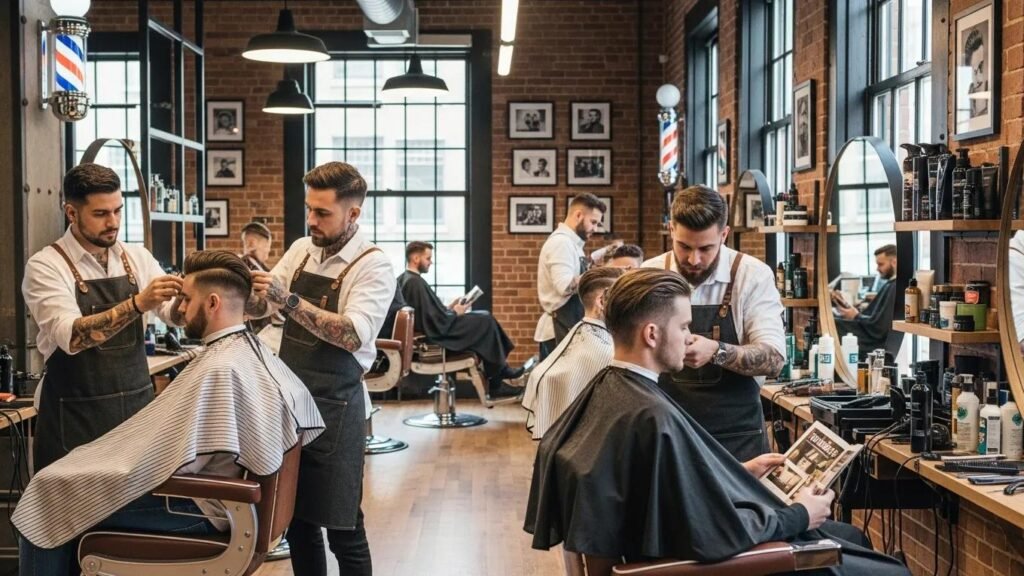 Modern barber shop with men getting haircuts inspired by women's trends