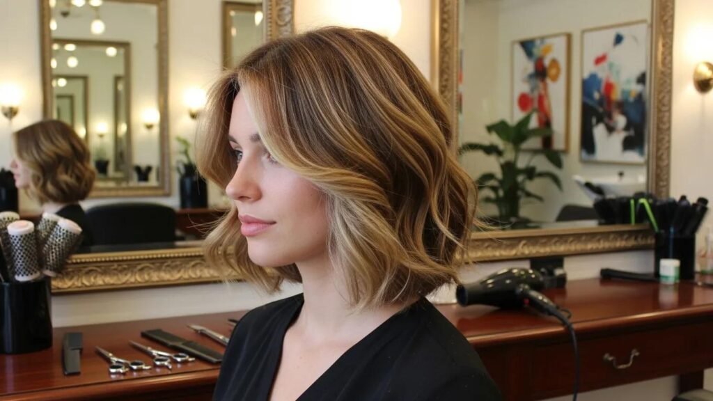 Modern bob haircut model in a chic salon, showcasing elegance and style