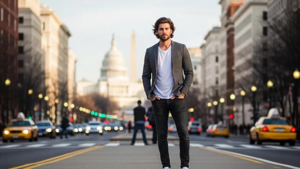 Modern man with long layered haircut in Washington D.C. urban setting
