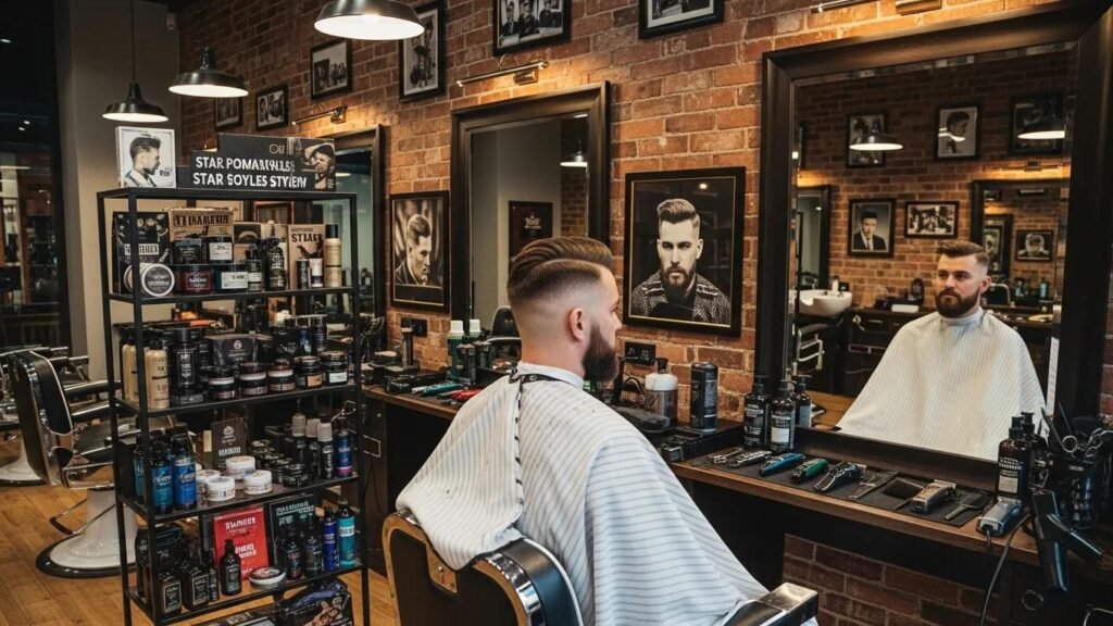 Stylish barbershop interior featuring a male model with a trendy fade haircut, reflecting modern men's grooming trends