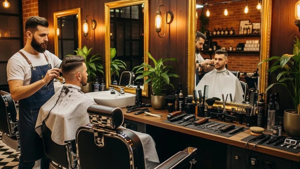 Stylish barbershop interior with a barber giving a signature haircut