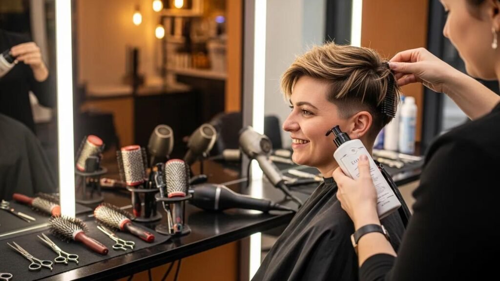 Stylish haircut maintenance in a modern salon with a professional stylist