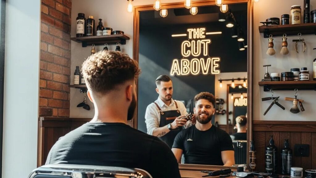 Stylish man with curly hair in a barber shop reflecting creativity and grooming expertise