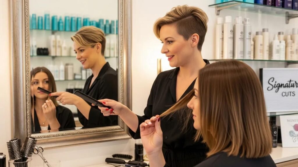 Stylist consulting with a client about personalized haircut options in a salon