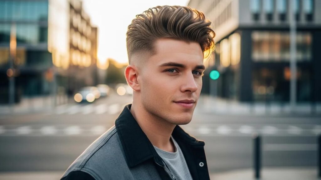 Young man with a modern fade haircut in an urban setting